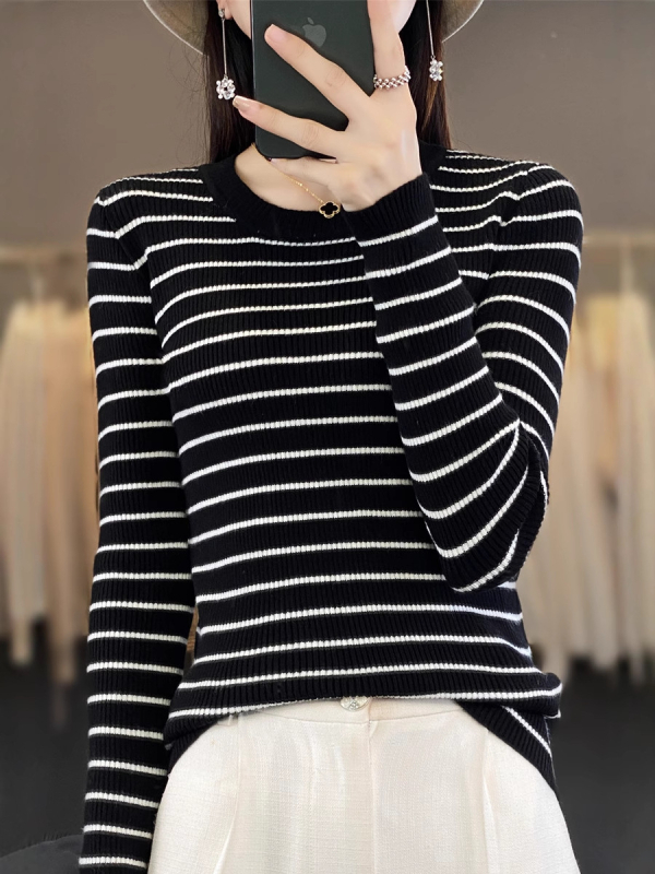 Pulover tricotat Andy Knit, cu dungi, slim-fit, guler rotund