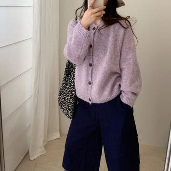 Cardigan tricotat în stil coreean, croială lejeră, guler rotund, mâneci lungi, tricot din poliester-elastan