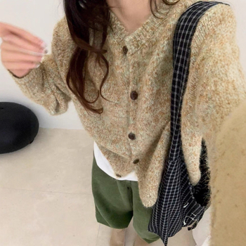 Cardigan tricotat în stil coreean, croială lejeră, guler rotund, mâneci lungi, tricot din poliester-elastan