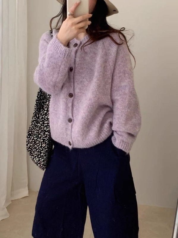 Cardigan tricotat în stil coreean, croială lejeră, guler rotund, mâneci lungi, tricot din poliester-elastan