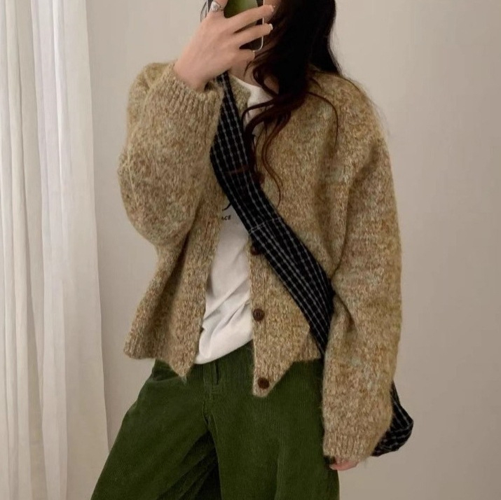 Cardigan tricotat în stil coreean, croială lejeră, guler rotund, mâneci lungi, tricot din poliester-elastan