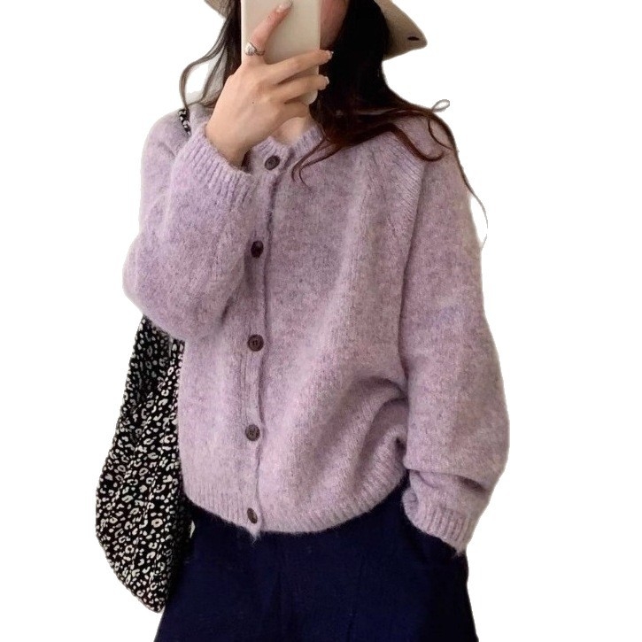 Cardigan tricotat în stil coreean, croială lejeră, guler rotund, mâneci lungi, tricot din poliester-elastan