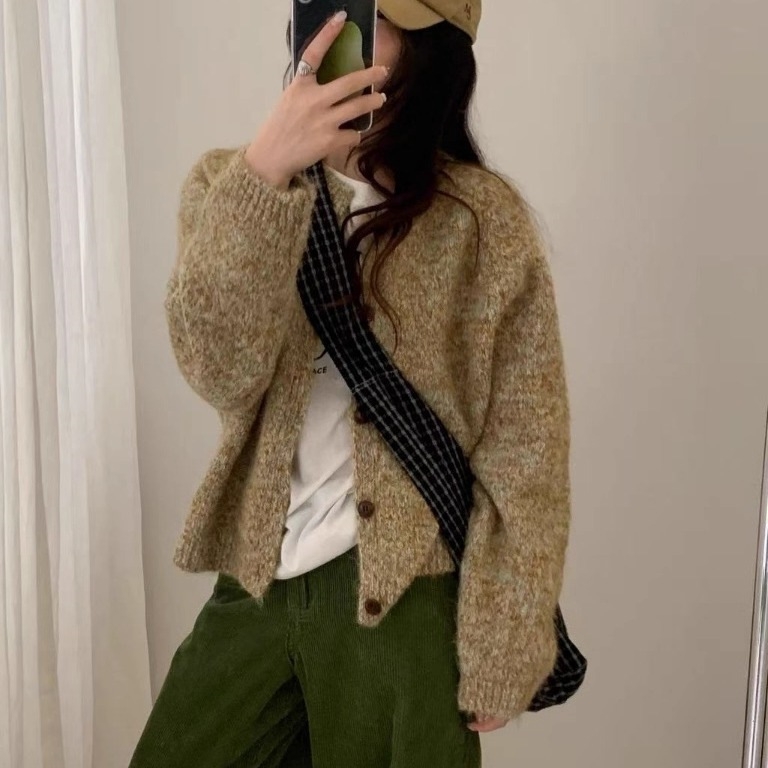 Cardigan tricotat în stil coreean, croială lejeră, guler rotund, mâneci lungi, tricot din poliester-elastan