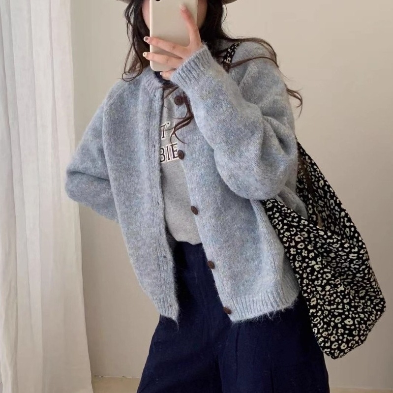 Cardigan tricotat în stil coreean, croială lejeră, guler rotund, mâneci lungi, tricot din poliester-elastan