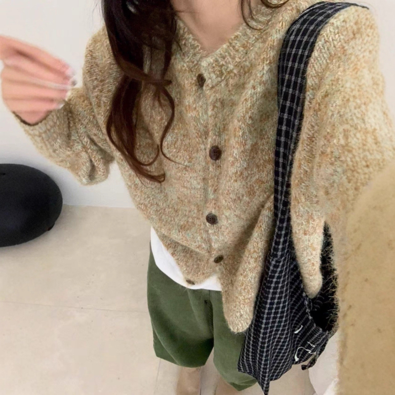 Cardigan tricotat în stil coreean, croială lejeră, guler rotund, mâneci lungi, tricot din poliester-elastan