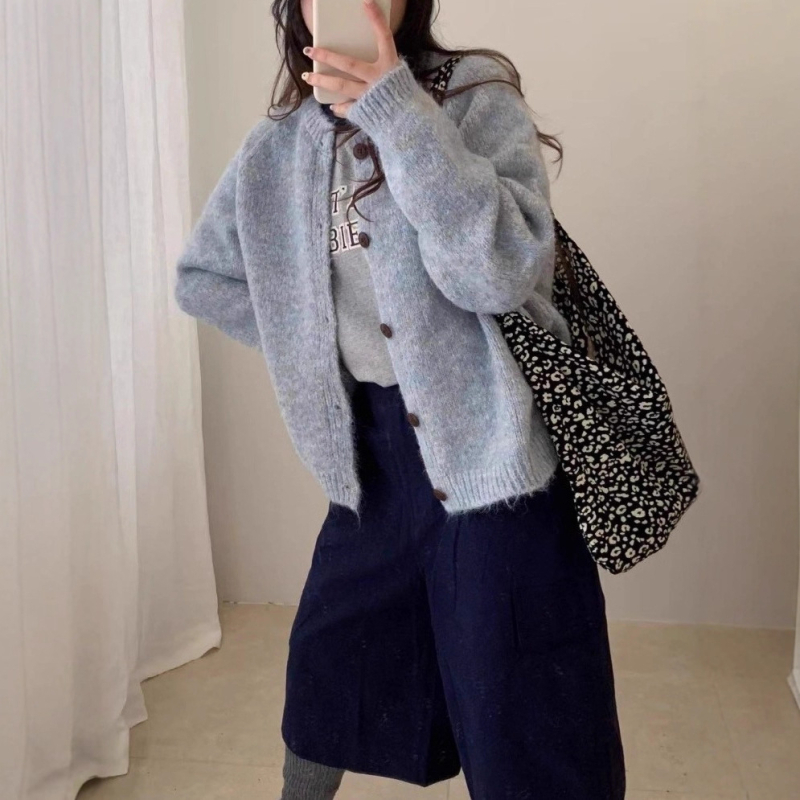 Cardigan tricotat în stil coreean, croială lejeră, guler rotund, mâneci lungi, tricot din poliester-elastan