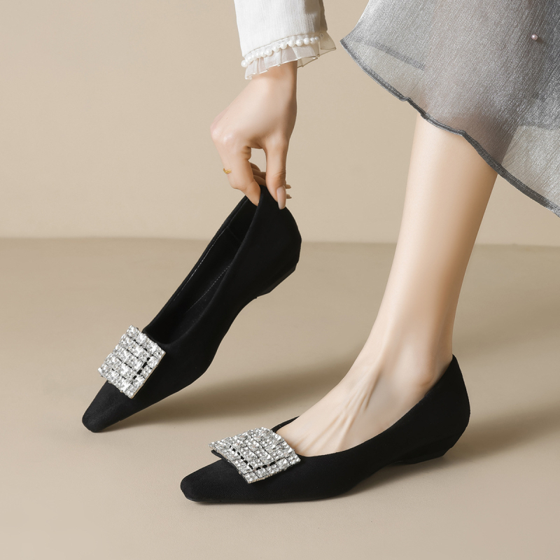 Pantofi wedge pentru femei, vârf ascuțit, suprafață velur, talpă din cauciuc, slip-on