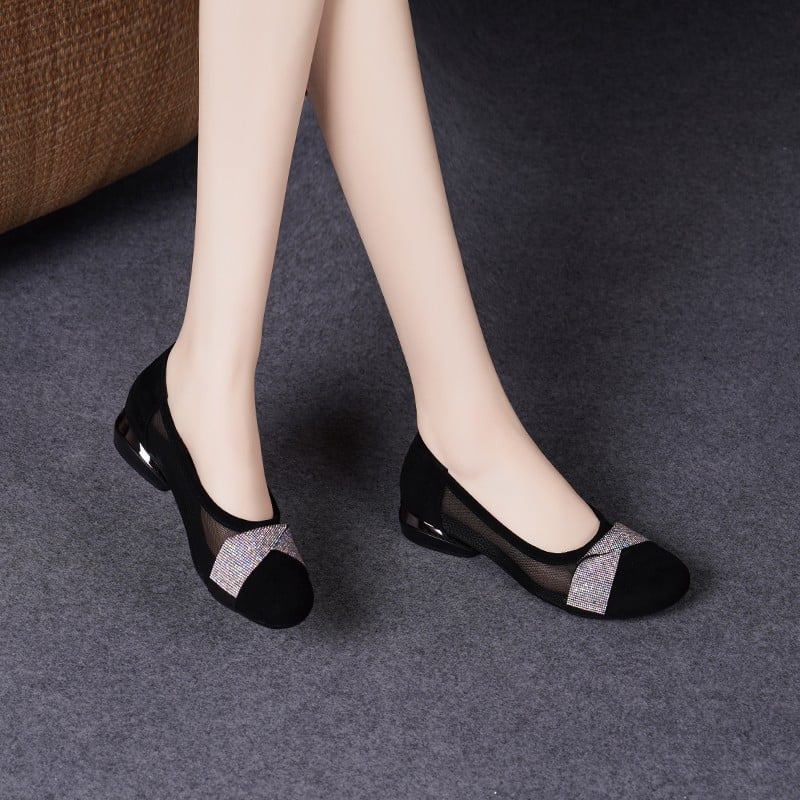 Pantofi dama din plasă, vârf rotund, rhinestones, piele moale, talpă din cauciuc