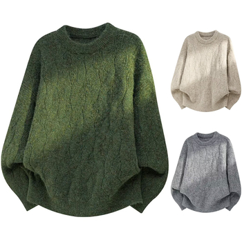 Pulover tricotat cu guler rotund, tricot cablu, croi lejer, mâneci lungi, 100% poliester