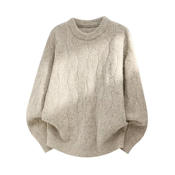 Pulover tricotat cu guler rotund, tricot cablu, croi lejer, mâneci lungi, 100% poliester