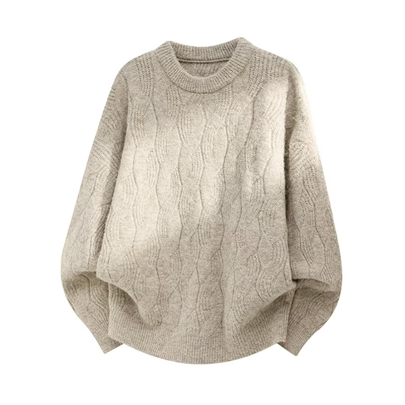 Pulover tricotat cu guler rotund, tricot cablu, croi lejer, mâneci lungi, 100% poliester