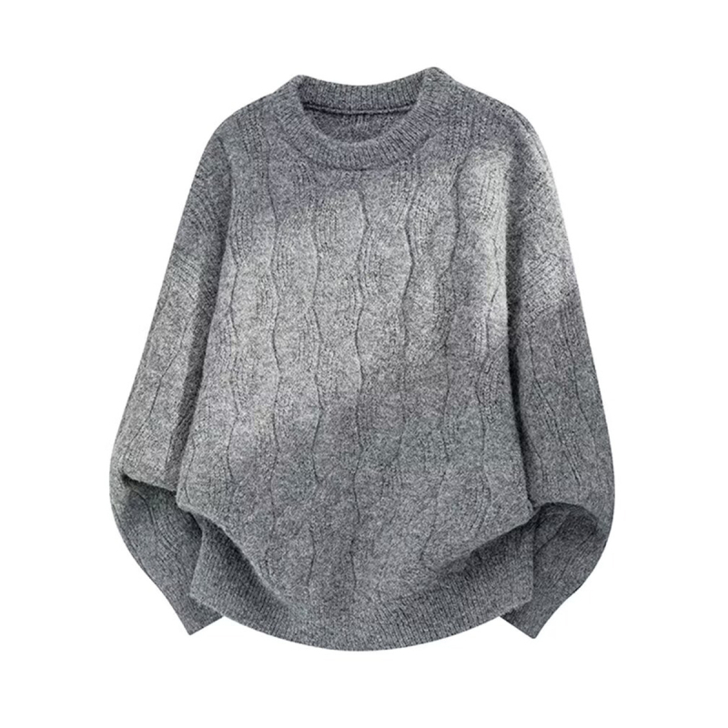 Pulover tricotat cu guler rotund, tricot cablu, croi lejer, mâneci lungi, 100% poliester