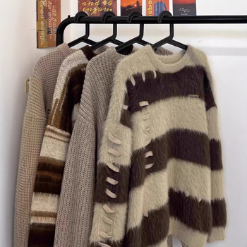 Pulover tricotat pentru bărbați, în dungi, guler rotund, stil coreean, croi lejer, bloc de culori