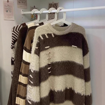 Pulover tricotat pentru bărbați, în dungi, guler rotund, stil coreean, croi lejer, bloc de culori