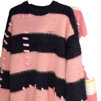 Pulover tricotat pentru bărbați, în dungi, guler rotund, stil coreean, croi lejer, bloc de culori