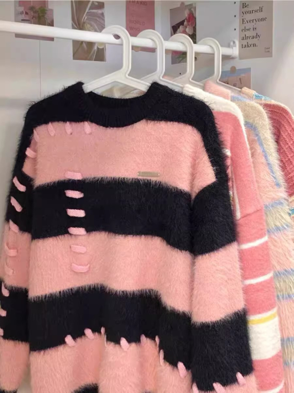 Pulover tricotat pentru bărbați, în dungi, guler rotund, stil coreean, croi lejer, bloc de culori