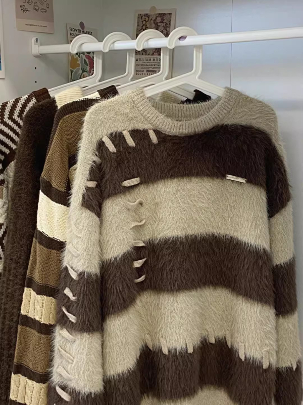 Pulover tricotat pentru bărbați, în dungi, guler rotund, stil coreean, croi lejer, bloc de culori