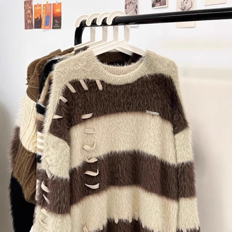 Pulover tricotat pentru bărbați, în dungi, guler rotund, stil coreean, croi lejer, bloc de culori