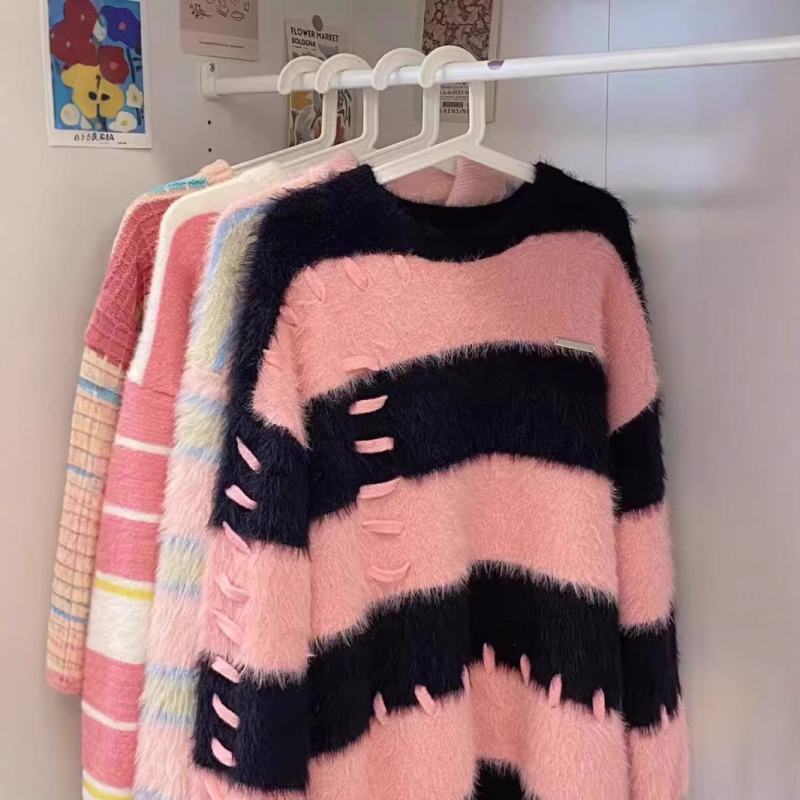 Pulover tricotat pentru bărbați, în dungi, guler rotund, stil coreean, croi lejer, bloc de culori