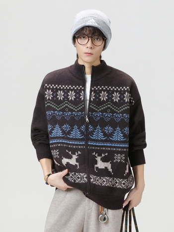 Pletený kardigán s jacquardovou textúrou, voľný strih, stojatý golier, dlhé rukávy, 100% polyester