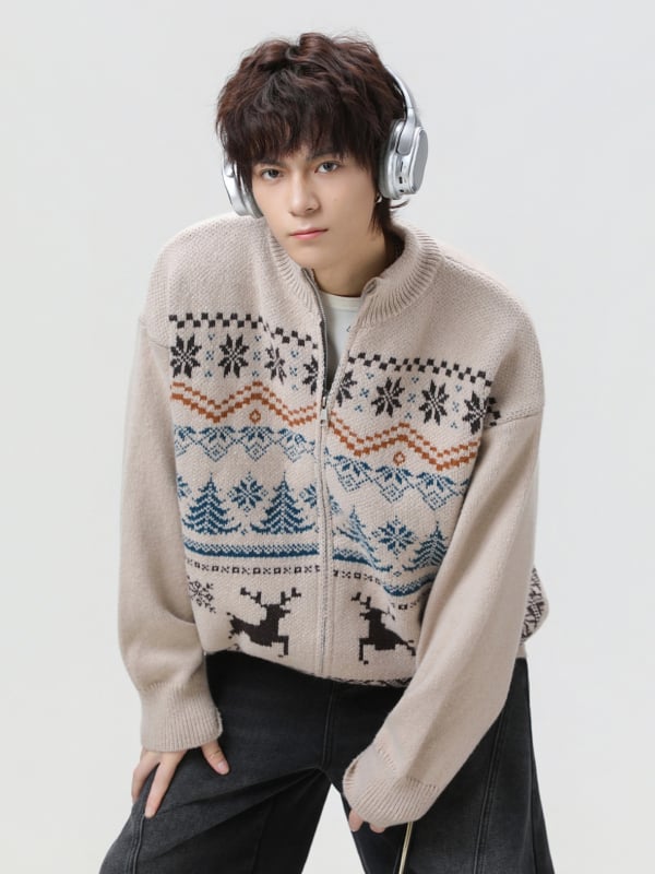 Pletený kardigán s jacquardovou textúrou, voľný strih, stojatý golier, dlhé rukávy, 100% polyester