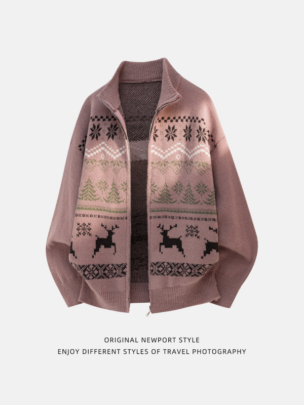 Pletený kardigán s jacquardovou textúrou, voľný strih, stojatý golier, dlhé rukávy, 100% polyester