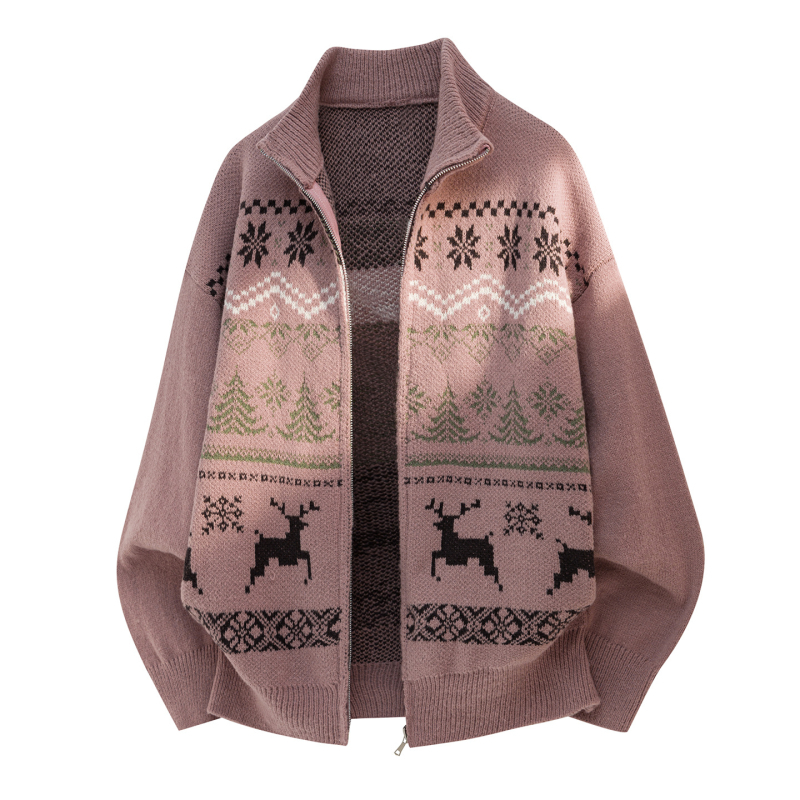 Pletený kardigán s jacquardovou textúrou, voľný strih, stojatý golier, dlhé rukávy, 100% polyester