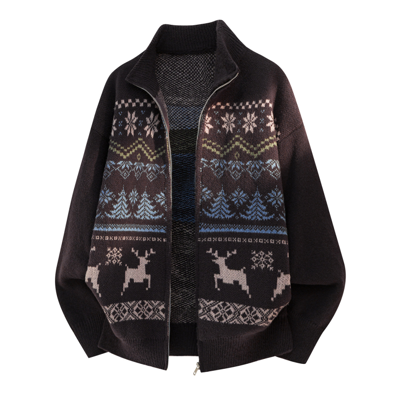 Pletený kardigán s jacquardovou textúrou, voľný strih, stojatý golier, dlhé rukávy, 100% polyester