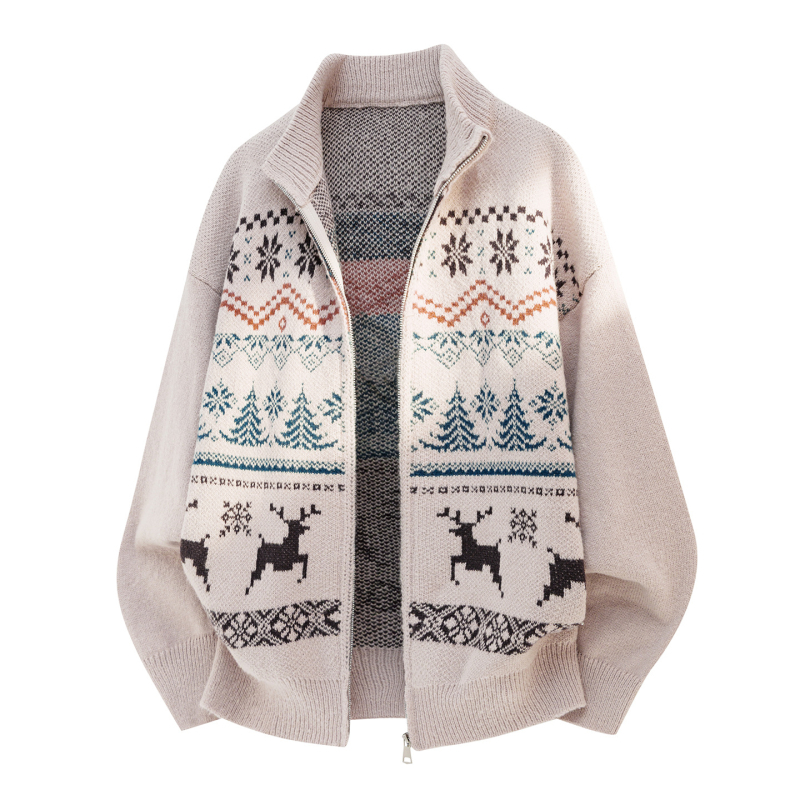 Pletený kardigán s jacquardovou textúrou, voľný strih, stojatý golier, dlhé rukávy, 100% polyester