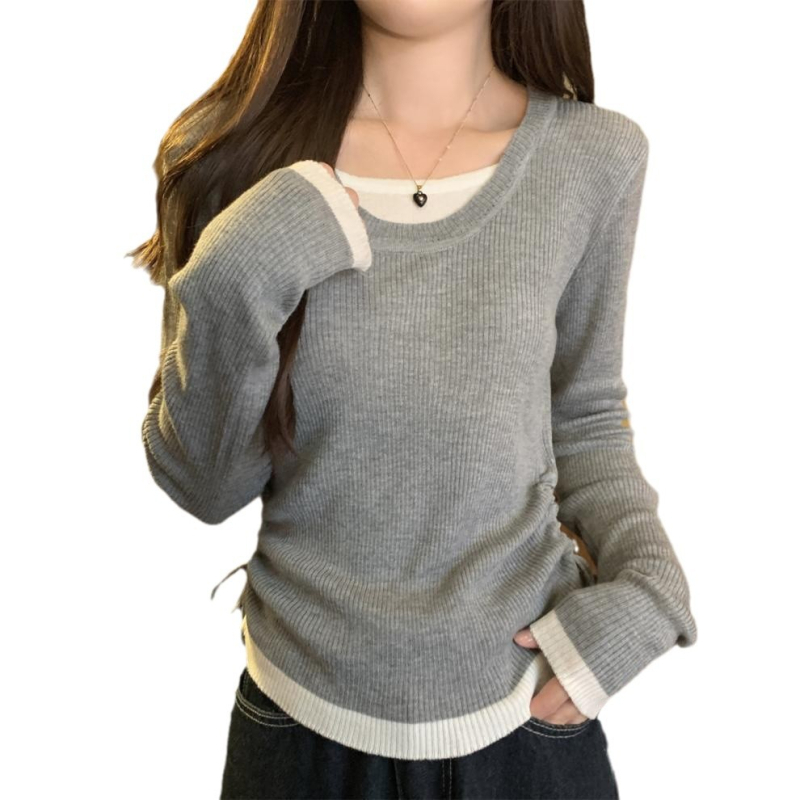 Pulover tricotat cu set fals din două părți, guler rotund, mâneci lungi, croială slim, grosime medie