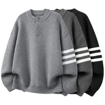 Pulover tricotat cu guler Henley și tricot jacquard, croială lejeră, material poliester, pulover casual de iarnă