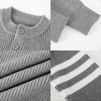 Pulover tricotat cu guler Henley și tricot jacquard, croială lejeră, material poliester, pulover casual de iarnă