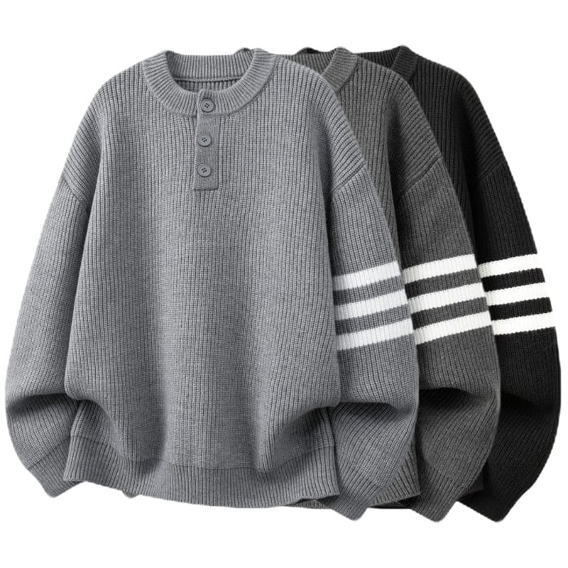 Pulover tricotat cu guler Henley și tricot jacquard, croială lejeră, material poliester, pulover casual de iarnă