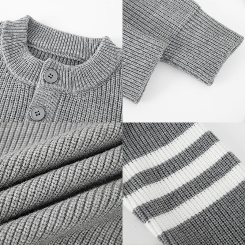 Pulover tricotat cu guler Henley și tricot jacquard, croială lejeră, material poliester, pulover casual de iarnă