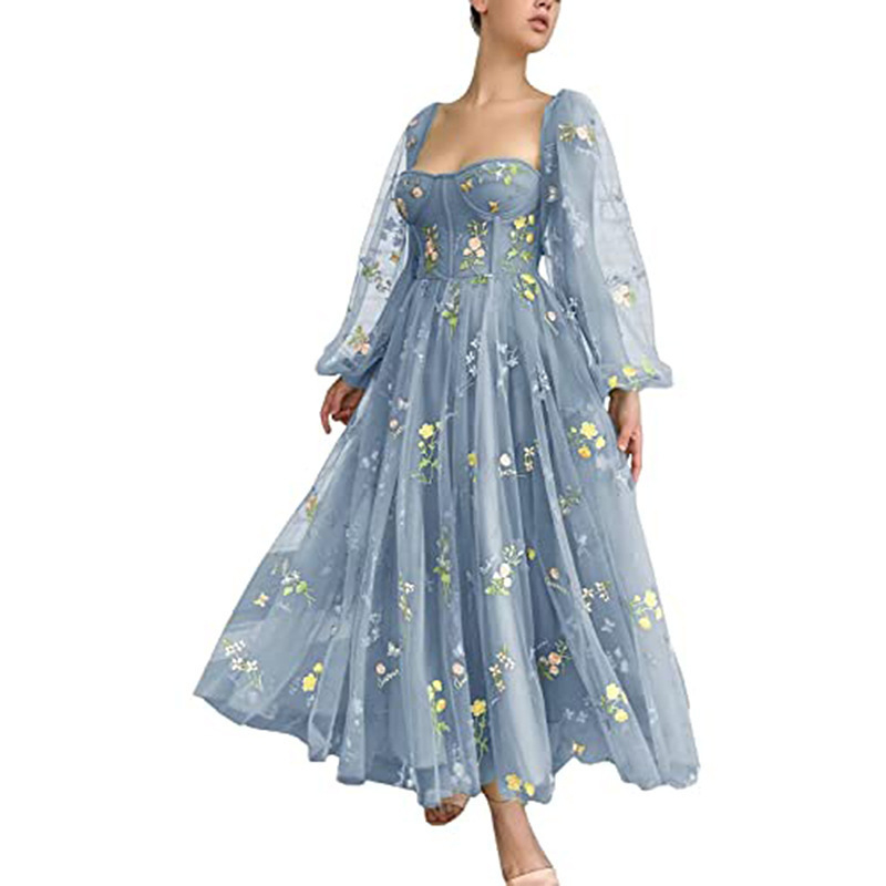 Šaty na večer v štýle A-línie s čipkovou výšivkou, dlhé rukávy, vysoký pás, midi dĺžka