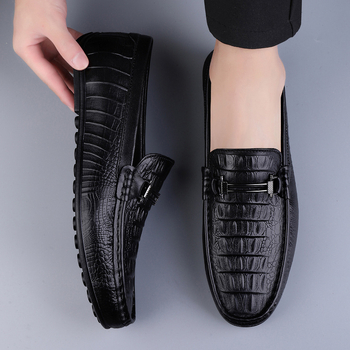 Pánske kožené mokasíny s krokodílovým vzorom, gumená podrážka, okrúhla špička, slip-on, nízky podpätok 1–3 cm