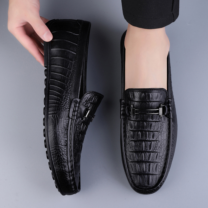 Pánske kožené mokasíny s krokodílovým vzorom, gumená podrážka, okrúhla špička, slip-on, nízky podpätok 1–3 cm