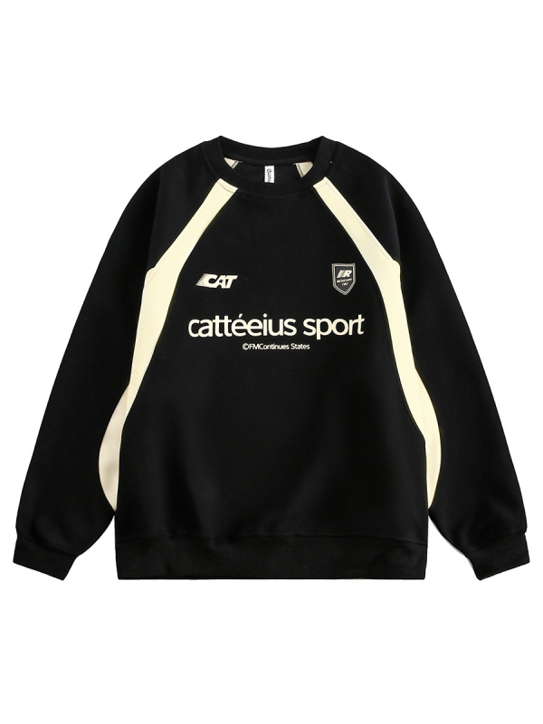 Pulover cu aplicații de litere în stil american, guler rotund, croială lejeră, mâneci lungi, bumbac 60% / poliester 40%.