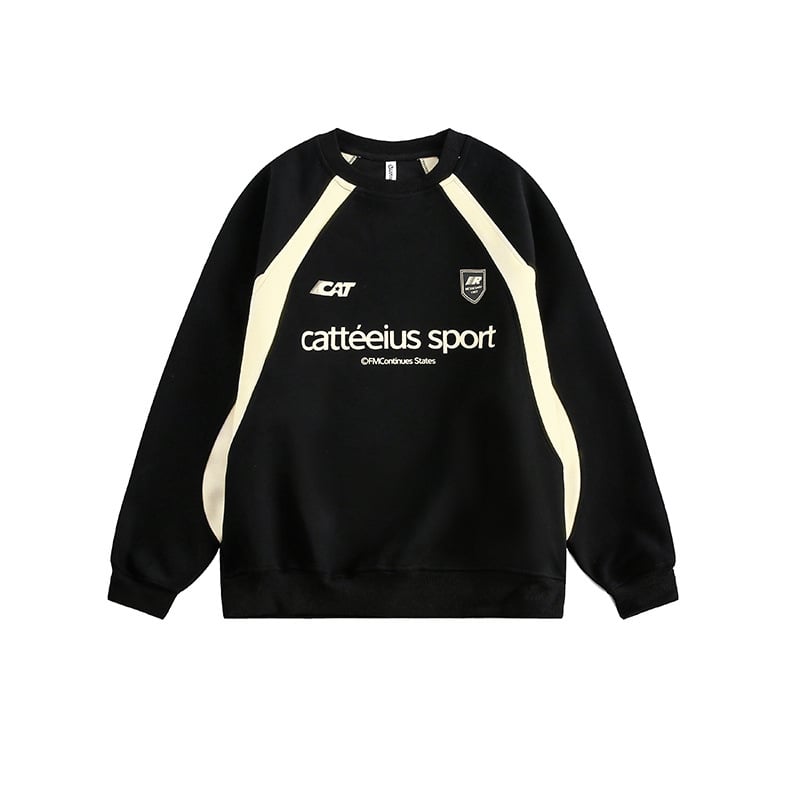 Pulover cu aplicații de litere în stil american, guler rotund, croială lejeră, mâneci lungi, bumbac 60% / poliester 40%.