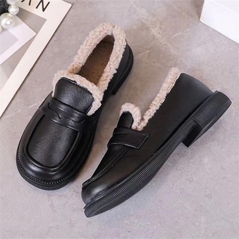 Loafers călduroși, căptuți cu fleece, PU upper, vârf rotund, slip-on, talpă din cauciuc