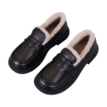 Loafers călduroși, căptuți cu fleece, PU upper, vârf rotund, slip-on, talpă din cauciuc