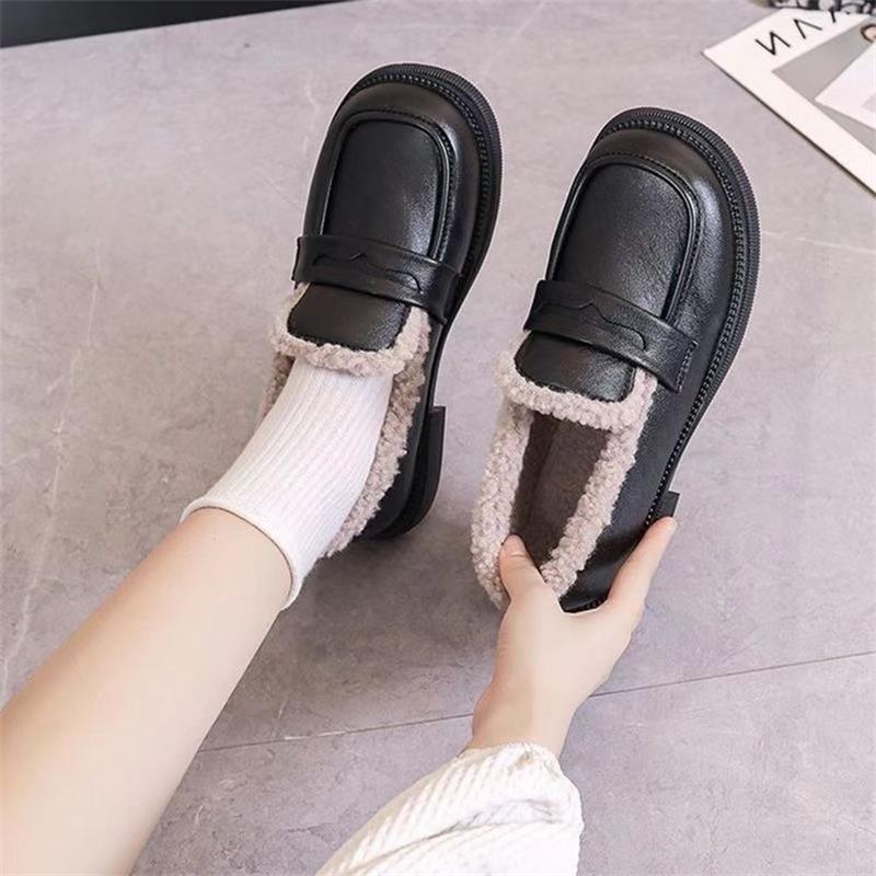 Loafers călduroși, căptuți cu fleece, PU upper, vârf rotund, slip-on, talpă din cauciuc