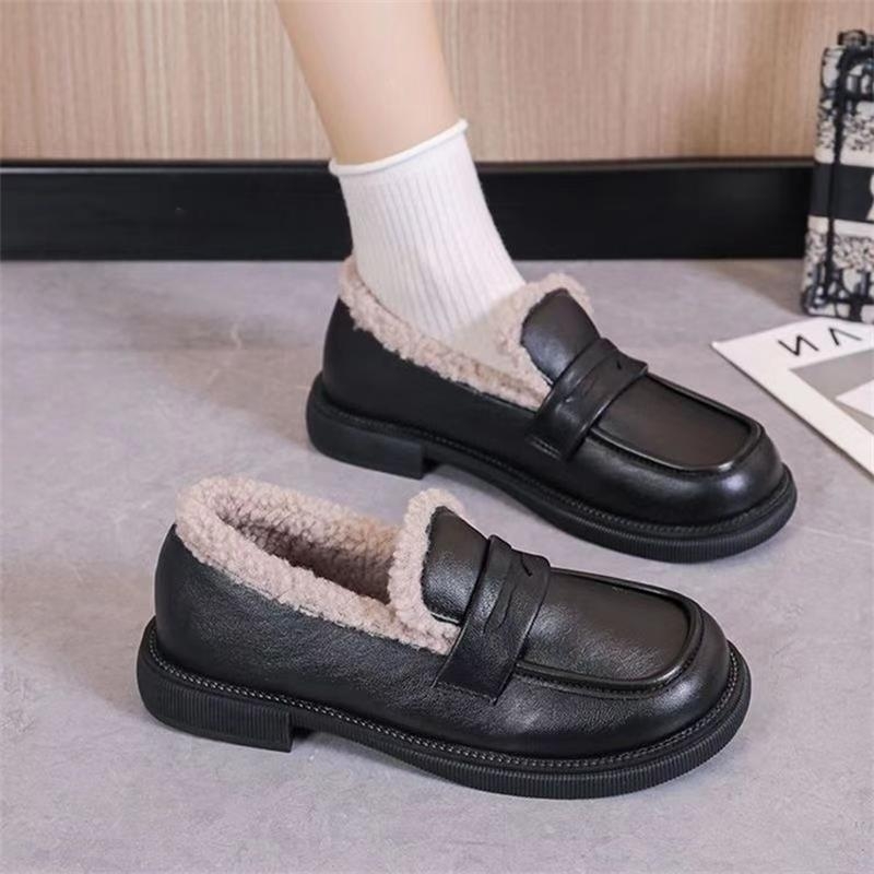 Loafers călduroși, căptuți cu fleece, PU upper, vârf rotund, slip-on, talpă din cauciuc