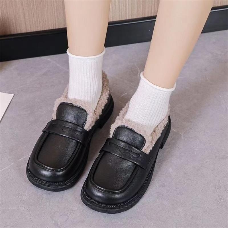 Loafers călduroși, căptuți cu fleece, PU upper, vârf rotund, slip-on, talpă din cauciuc