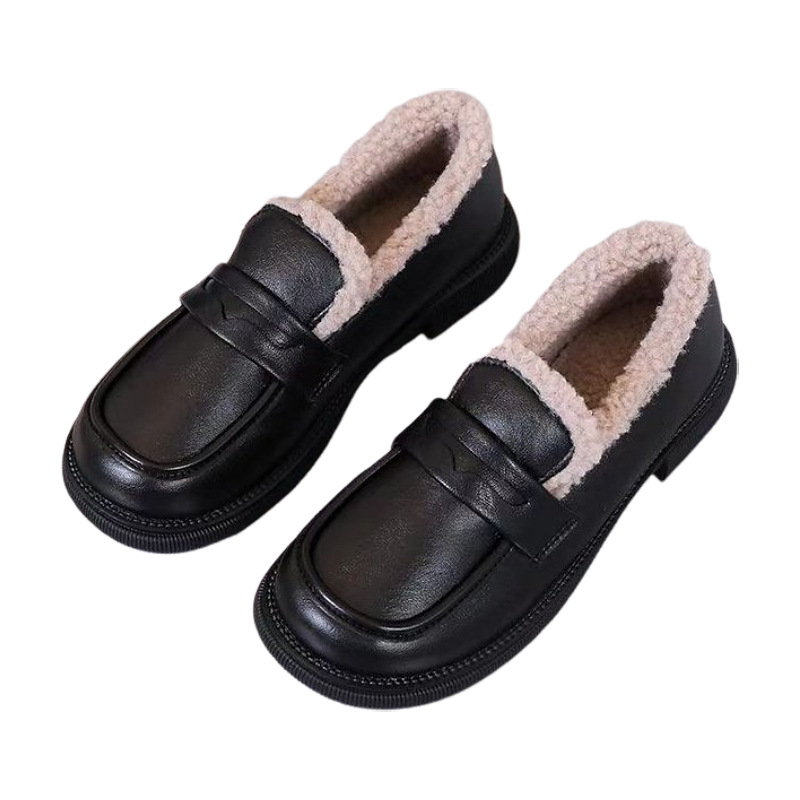 Loafers călduroși, căptuți cu fleece, PU upper, vârf rotund, slip-on, talpă din cauciuc