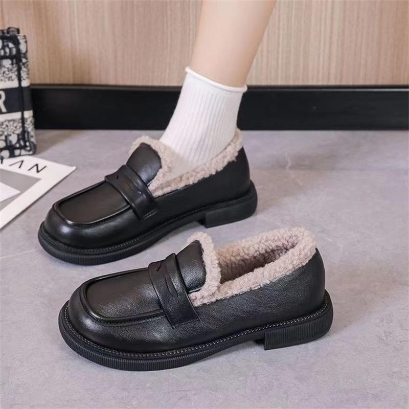 Loafers călduroși, căptuți cu fleece, PU upper, vârf rotund, slip-on, talpă din cauciuc