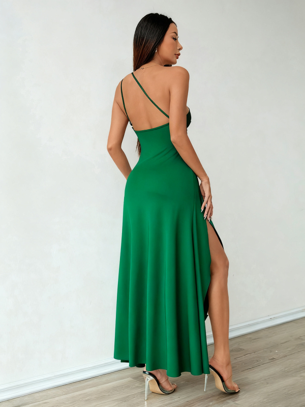 Rochie de seară din Milk Silk, umăr înclinat, decolteu în V, fără mâneci, lungă, poliester-spandex (95%+), stil elegant european-american