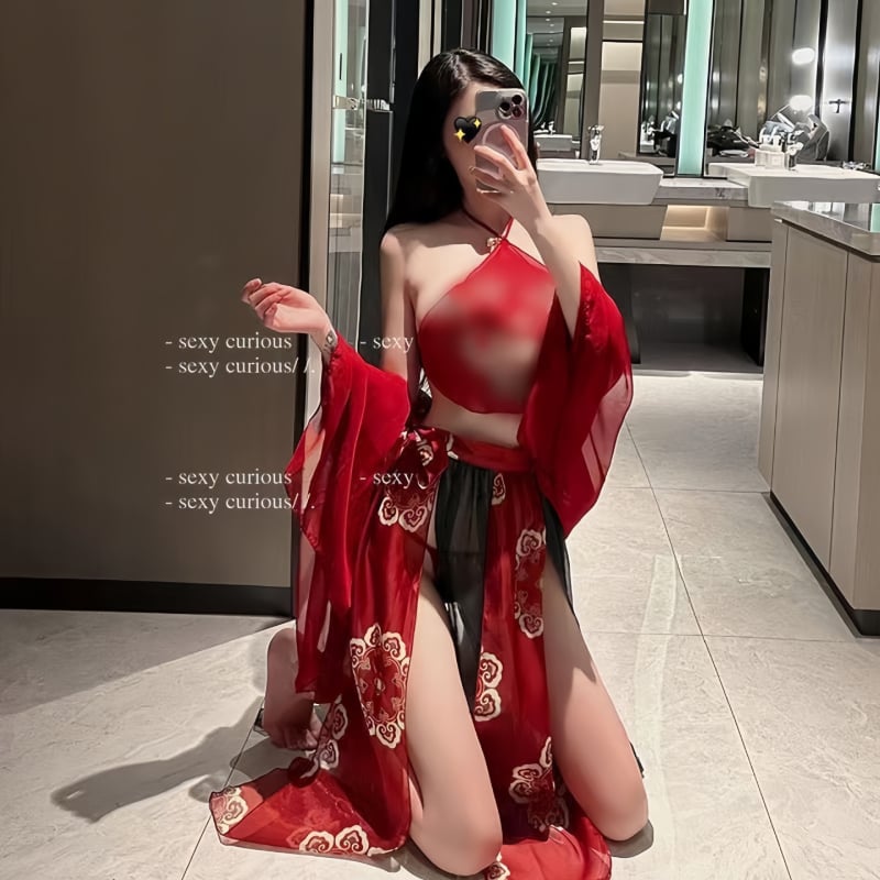 Set sexy Hanfu Bellyband, broderie transparentă și fustă vaporoasă
