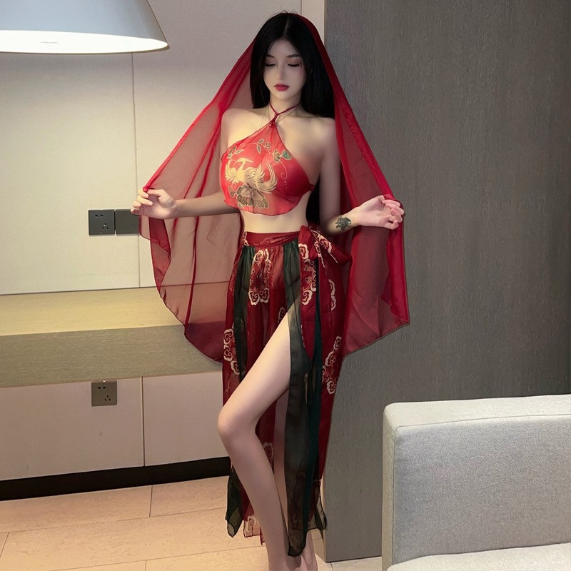 Set sexy Hanfu Bellyband, broderie transparentă și fustă vaporoasă