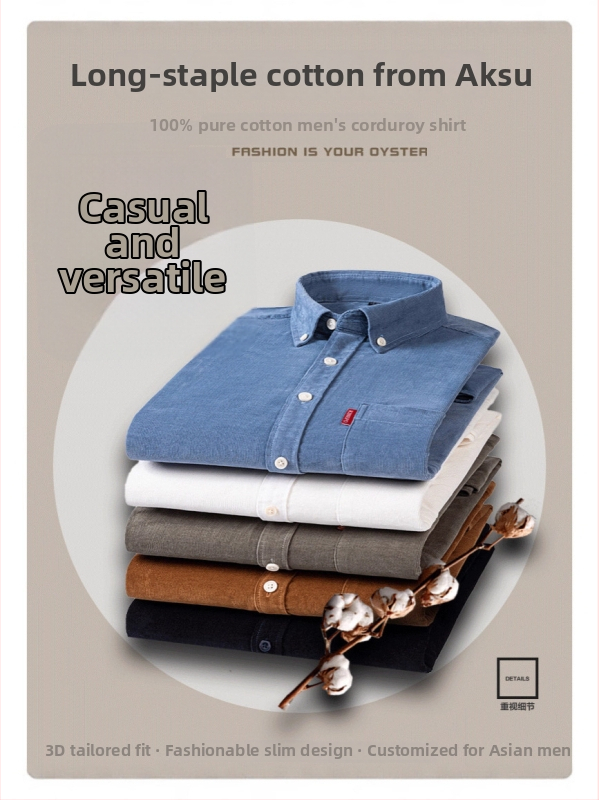 Pánska bavlnená košeľa, dlhý rukáv, golier na gombík, úzky strih, jednofarebná